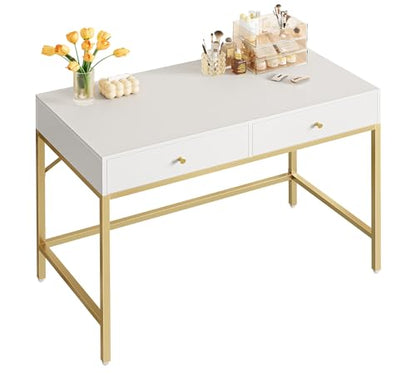 SUPERJARE 39.4" White and Gold Desk with 2 Drawers, Modern Makeup Desk - color: White and Gold, size: 39.4 inch