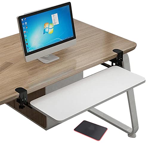 V3VOGUE Wooden Keyboard Tray Under Desk Push-Pull Keyboard Drawers Computer Keyboard Stand - Height Adjustable - Clamp-On - Keyboard and Mouses Storage Shelves, with Mouses Pads - color: White, size: 650*250 mm (26*10 Inch)
