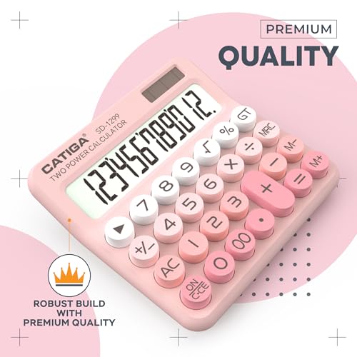CATIGA Mechanical Switch Calculator with Solar and Battery Dual Power, 12-Digit Large LCD Display, Aesthetic and Cute Desktop Calculator with Big Button, for Home, School and Office Use, SD-1299 - color: Z) Blush Pink