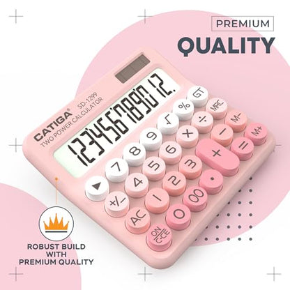 CATIGA Mechanical Switch Calculator with Solar and Battery Dual Power, 12-Digit Large LCD Display, Aesthetic and Cute Desktop Calculator with Big Button, for Home, School and Office Use, SD-1299 - color: Z) Blush Pink