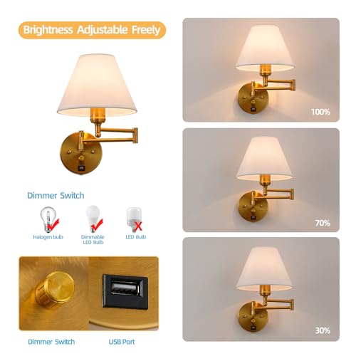 Swing Arm Wall Sconces, Plug-in Wall lamp,Bedroom Wall lamp ， White Fabric Shade，，with dimmable Switch and USB Charging Port, Suitable for Bedside, Living Room, Reading (Golden) - color: Golden