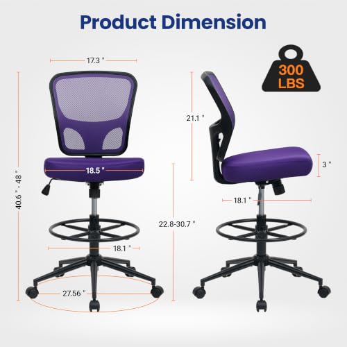 Armless High Back Office Chair, Tall Ergonomic Chair for Standing Desk, Adjustable Height Mesh Computer Chair with Foot Ring & Wheels, Rolling Home Office Chair - color: Purple