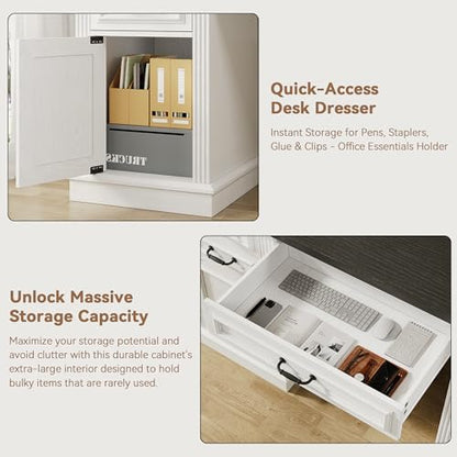 Jocoevol Farmhouse 57" Executive Desk with 7 Drawers, Home Office Desk with File Cabinet Storage, Computer Desk with Charging Station and Headphone Hook for Work, Study, Writing, White