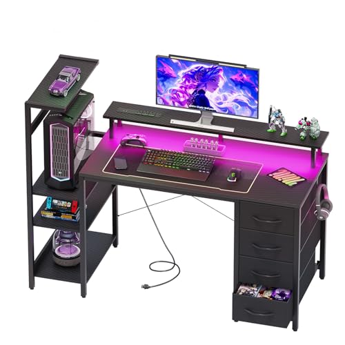 51in Gaming Computer Desk with Drawers & Power Outlet & LED Lights, Black - color: Black, size: 51''