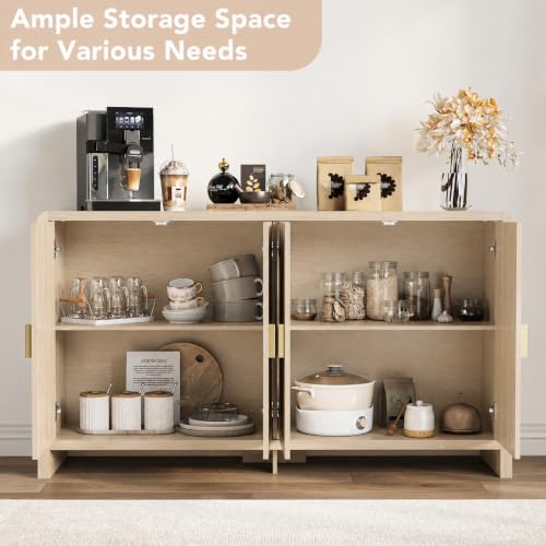 Rattan Sideboard Buffet Cabinet with Storage, 55" Accent Cabinet with Arch Doors & Adjustable Shelves, Boho Credenza Coffee Bar Console Table for Dining Room, Living Room, Entryway, Kitchen