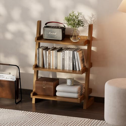 AQIMUELE Solid Wood Ladder Shelf, Leaning Bookshelf, Walnut, 3-Tier - color: Walnut, size: 3-Tier