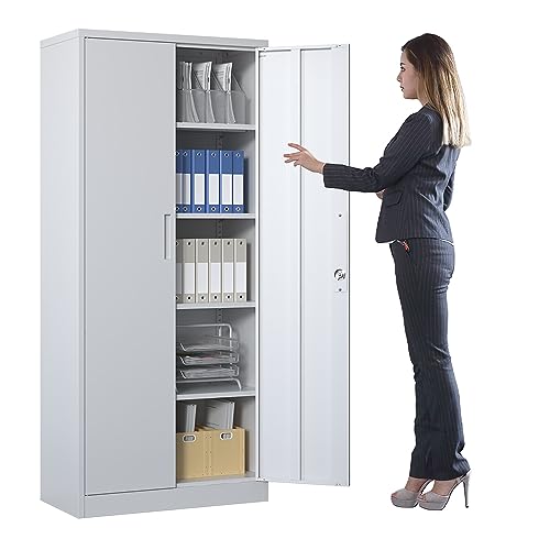 Metal Storage Cabinet for Garage, Tool Cabinet, Utility Cabinet - color: White, size: L - 2 Doors & 5 Shelves (Wheelless)