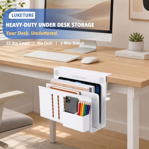 LUKETURE Desk Side Storage, 2 Tier Under Desk Laptop Mount with Pen Slot - color: White, size: L(2 Tier)