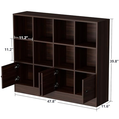 Cozy Castle Brown Wood Bookcase, 12 Cube Display Shelf with 4 Doors, 3 Tier Open Bookshelf with Adjustable Shelves for Living Room, Home Office, Entryway - color: Brown