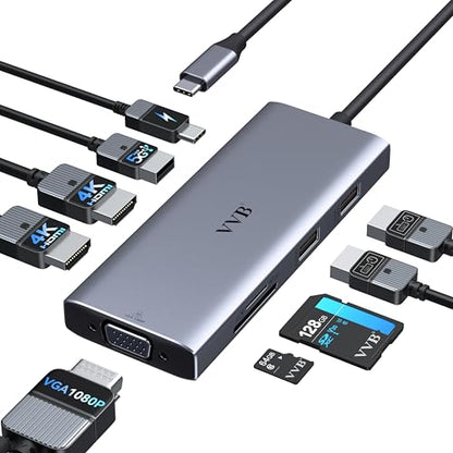 Laptop Docking Station 3 Monitor USB C Docking Station Dual Monitor Adapter | USB C Hub Multiple Adapter Dongle with 2 HDMI 4K+VGA+100W PD Charger+3 USB Port+SD/TF Card Reader for Lenovo Dell HP Laptop - size: 3.1 inches