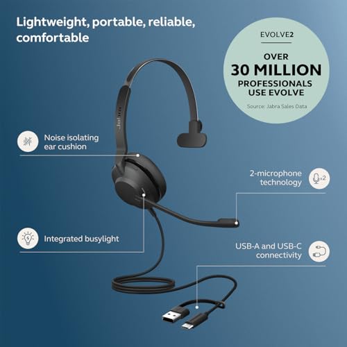 Jabra Evolve2 30 SE (2025 Version) Wired Single-Ear Headphones with Microphone – Computer Headset - USB-A and USB-C Cable - Microsoft Teams Certified - Works with All Meeting Platforms – Black - color: Mono, style: Teams Certified