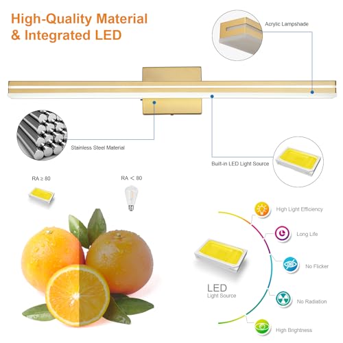 SineRise LED Modern Bathroom Vanity Light Fixtures (32-Inch, 3000K/4000K/6000K, Dimmable), Gold Modern Acrylic Bathroom Wall Lighting Fixtures Over Mirror - color: Gold, size: 32-Inch
