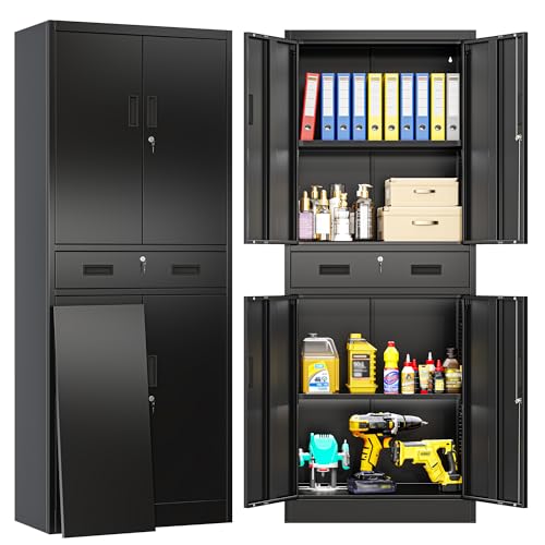 BESFUR Metal Storage Cabinet with 1 Drawer and Adjustable Shelves, 71" H Reinforced Heavy Duty Locking Storage Cabinet for Office, Garage, Home, School, Utility(Black) - color: Black, size: 71"H x 28"W x 16"D
