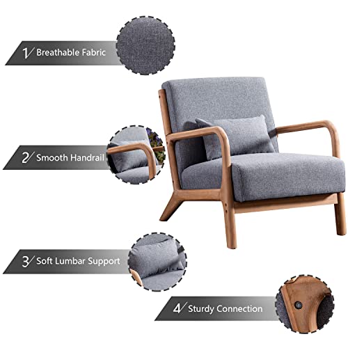 INZOY Mid Century Modern Accent Chair with Wood Frame, Upholstered Living Room Chairs with Waist Cushion, Reading Armchair for Bedroom Sunroom (Dark Grey) - color: A-grey
