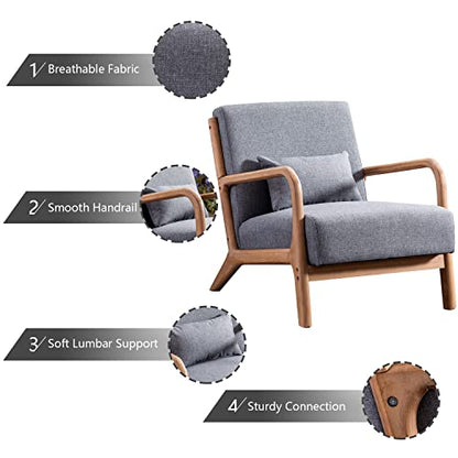 INZOY Mid Century Modern Accent Chair with Wood Frame, Upholstered Living Room Chairs with Waist Cushion, Reading Armchair for Bedroom Sunroom (Dark Grey) - color: A-grey