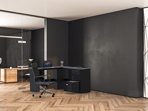 SHW L-Shaped Home Office Wood Corner Desk w/Box Box File Drawers, Black | 51 x 59 Inches | 2 Pre-installed Grommets - color: Black