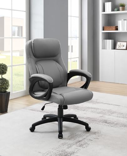 Office Star FL Series Executive Seating Faux Leather Manager's Adjustable Office Chair with Padded Arms, Charcoal Grey with Grey Mesh Accents - color: Charcoal Grey
