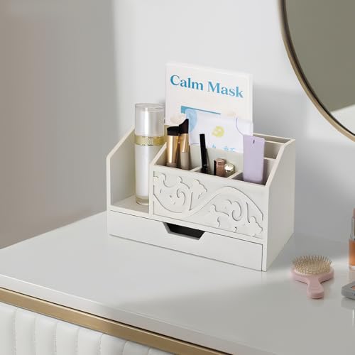 White Wooden Mail Organizer with Drawer, Three Tiered Desk Accessories for Office Organization and Storage, Stylish Countertop Document Storage, Home/Office/Classroom Supplies (White01) - style: White01