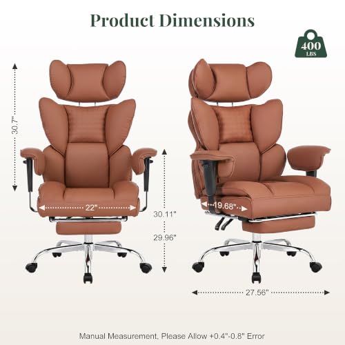 Big and Tall Office Chair 400 LBS, for Adults, Home Office | PU Leather, Executive Ergonomic Desk Chair with Footrest, Lumbar Support, Wide Seat ,Reclining, Adjustable Armrest, Brown - color: Brown, size: Adjustable Armrest