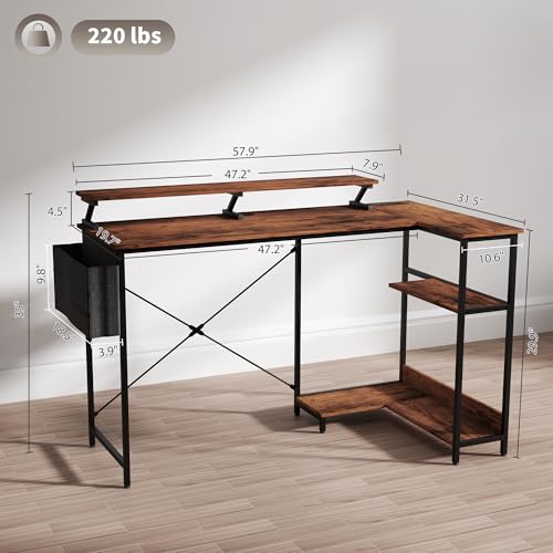 HOMCOM 58" L Shaped Gaming Desk with Power Outlets Reversible Rustic Brown | LED Lights, Computer Desk with Monitor Stand, Fabric Storage Bag, Cable Management, for Home Office