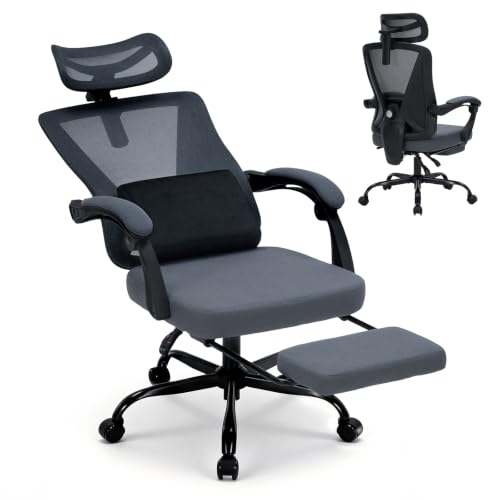 Ergonomic Office Desk Chair with Foot Rest - Adjustable Lumbar Support & Headrest, 90-160° Reclining Mesh Back Computer Chair - Home Office/Gaming for Adults, 400lbs Capacity (Gray) - color: Grey