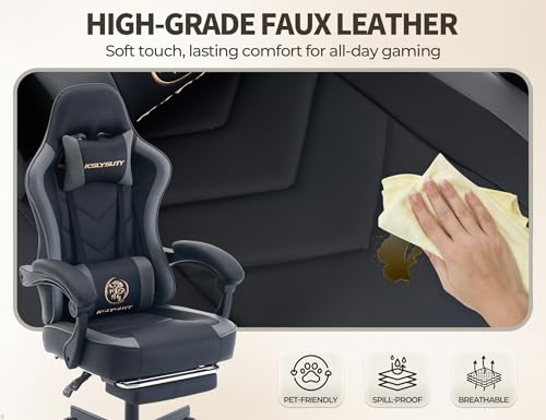 Office Desk Computer Gaming Chair for Adults, Ergonomic High Back Gamer Chair with Massage and Pocket Spring Cushion, Swivel Comfy Video Game Chairs with Footrest and Lumbar Support (Black Grey) - color: Base Grey Leather