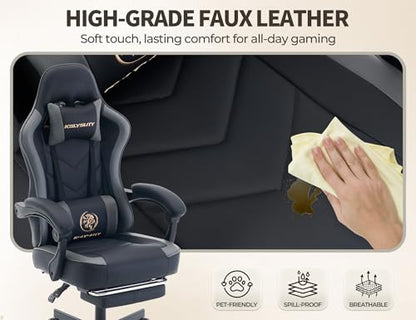 Office Desk Computer Gaming Chair for Adults, Ergonomic High Back Gamer Chair with Massage and Pocket Spring Cushion, Swivel Comfy Video Game Chairs with Footrest and Lumbar Support (Black Grey) - color: Base Grey Leather