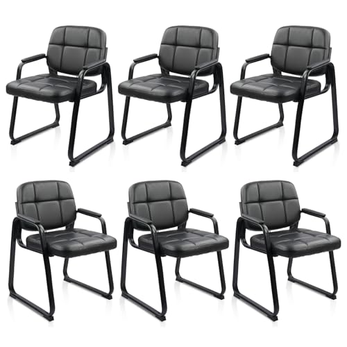 CLATINA Leather Guest Chairs Set of 6, Office Reception with Padded Arms, Desk Chair with Sled Base for Office Conference Waiting Room, Black - color: Black-sled Base, size: 6pack