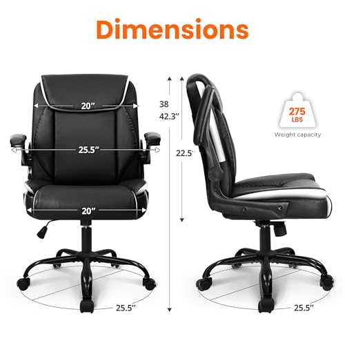 NEO CHAIR PU Leather Office Desk Chair with Adjustable Arms, Black White | Ergonomic Mid Back Computer Desk Chair Comfy with Wheels Swivel Rolling for Home Office Gaming Study - color: Black White