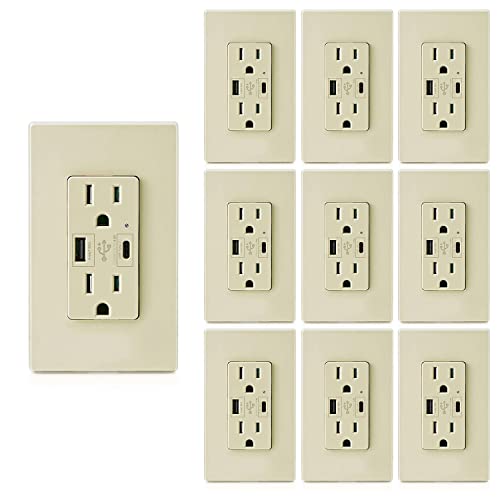 Micmi USB C Outlet PD 24W Power Delivery Type C + A Receptacle 4.8A, Receptacle 15 A 125 Volt Tamper-Resistant w/Screwless Wall Plate UL Listed (10Pack, Ivory, 15 Amp Outlet) - color: Ivory, size: 15 Amp Outlet