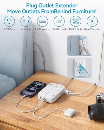 3FT Flat Multi Plug Extender 12 AC Outlets with 6 USB Wall Charger(3 USB C) - size: 3 FT, style: 12AC+3U3C