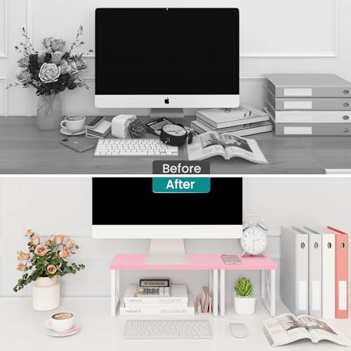 ELITEROO Desktop Shelf, 2 Tier Independent Stackable Desk Stand, Adjustable Freestanding Table Top Mini Bookshelf, Aesthetic Storage Organizers for Women/Girls/Daughter, Pink - color: Pink