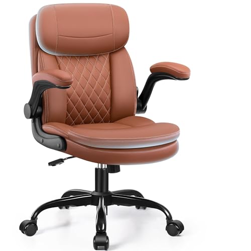Leather Office Chair, Upgraded PU Computer Desk Chairs with Double-Layer Seat Cushion and Neckrest, 360°Swivel, Ergonomic Small Gaming Chair with Wheels and Adjustable Armrests for Short People, Brown