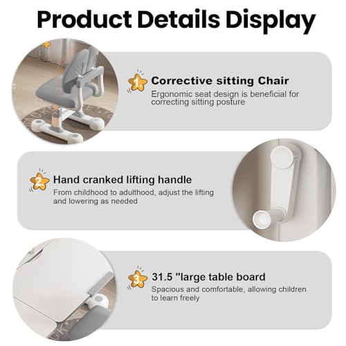 Kid Study Desk and Chair Set 3-12 Height Adjustable Ergonomic Desk | School Art Desk, 50° Tiltable Desktop, Easy-Turn Crank, Storage Drawer & Built-in Bookstand for Children Boys & Girls - color: 013-grey-31.5in