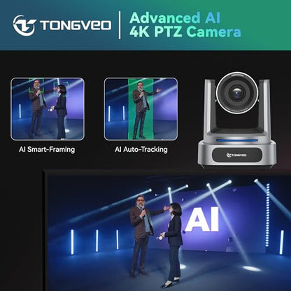 TONGVEO AI 4K PTZ Camera with Auto Tracking, 10X Optical Zoom Video Conferencing Camera, HDMI & USB 3.0 Plug and Play Webcam for Zoom, Teams, Church Worship, Live Streaming, Education - color: Grey
