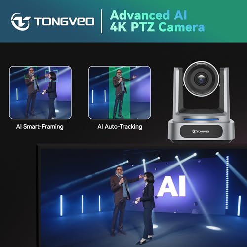 TONGVEO 4K AI 10X PTZ Conference Camera System＆ Bluetooth Speakerphone | 10X Optical Zoom 4K Video Camera, AI Auto Tracking 116° Wide-Angle, 16.4ft Audio Pickup Microphone for Church Worship - color: Silver