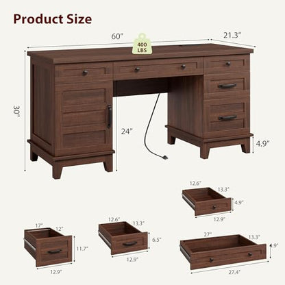 GarveeHome Executive Desk with File Drawers, Farmhouse Home Office Desk with Charging Station, 60 in Wooden Computer Desk with Cabinet Storage for Work Study Writing, Walunt Brown - color: Walunt Brown