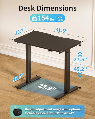 Okin Electric Standing Desk 31.5x19.7 Inches Small Computer Desk-Whole Piece Stand up Desk with Wheels Gaming Rolling Home Office Desks, Black - color: Black+casters, size: 31.5 Inch