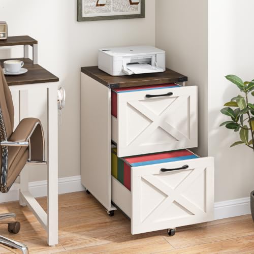 Halitaa Farmhouse 2 Drawer Small File Cabinet with Wheels, White and Brown - color: White and Brown, size: 2 Drawer