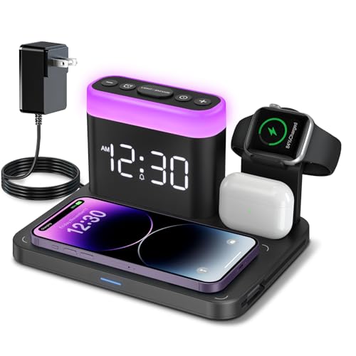 ANJANK Wireless Charging Station,5 in 1 Multiple Charger Stand with Alarm Clock,7 Night Light,Magnetic Charging Dock for iPhone 18 17 16 15 14 13 Pro Max Plus,Apple Watch 11/10/9/8,for Airpods,Bedroom - color: Black