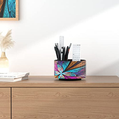 Round Leather Art Supply Organizer,Remote Control Holder,360 Degree Rotating,Multi-Functional Pencil Holder,4 Compartments Desktop Stationary Organizer(1-Fractal Flower) | Round - color: 1-Fractal Flower