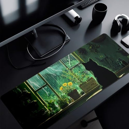 Green Black Cat Mouse Pad Abstract Green Mouse Pad 31.5x11.8 Inch Cat Texture Non-Slip Rubber Base Large Mousepad Stitched Edges Keyboard Mouse Mat Desk Pad for Office and Home - color: Green black cat
