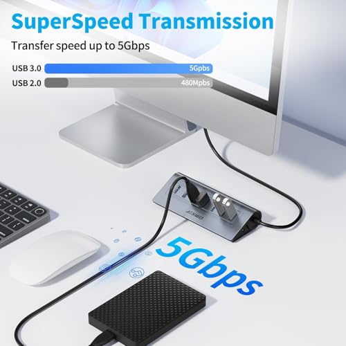 JESWO 7-Port Aluminum Powered USB 3.0 Hub with 3.3Ft Cable - color: Grey