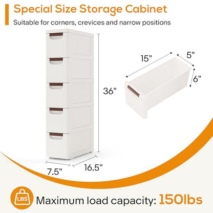 5 Drawers Slim Bathroom Storage Cabinet Dresser, Narrow Plastic Rolling Cart Organizer with Drawers, for Small Spaces, Kitchen, Laundry, Office, Bedroom, White - size: 7.5"x16.5"xx35.8"(5-Drawer)