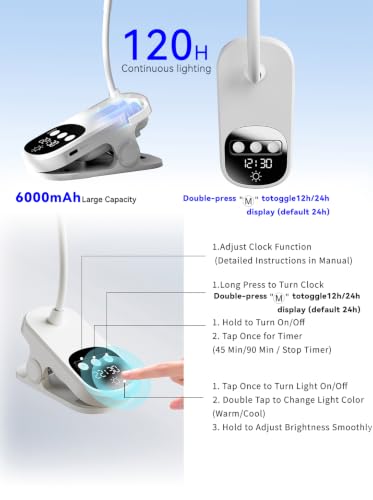 Clip On Desk Lamp Wireless 6000mAh Rechargeable Reading Light for Bed Dorm