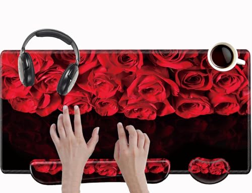 Red Roses Keyboard and Mouse Pad with Wrist Rest Large Mousepad XXL Desk Mat Set 31.5" x 15.75" Desk Pad Support Extended Non-Slip Rubber Base Computer Mat for Women Gift - color: Red Rose