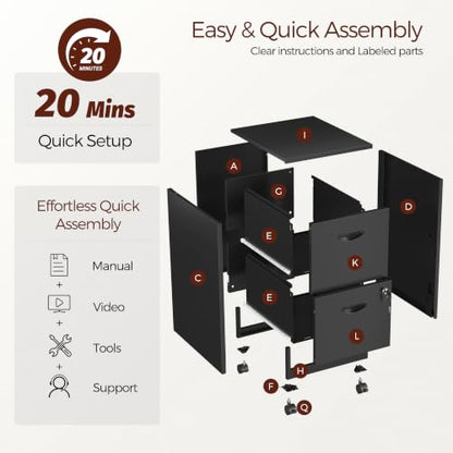 Metal 2 Drawer File Cabinet with Lock & Wheels for Office,Black | Small Mobile File Cabinets for Home Office, Under Desk Vertical Rolling File Cabinet Fit Hanging Files, Letter & A4 Documents - color: Black, style: 2 Drawers Mobile File Cabinet