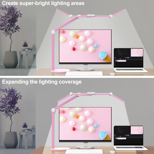 Micomlan Led Desk Lamp with Base, Adjustable Tall Architect Desk Light for Home Office with Flexible Swing Arm, 24W Pink Bright Table Lamp Auto Dimming Computer Light for Workbench - color: Pink