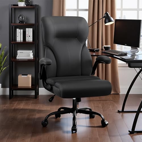 Executive Office Chair,High Back Ergonomic Comfy Desk Chair with Padded Flip-up Armrests and Wheels,PU Leather Heavy Duty Computer Swivel Rolling Task Chair for Home Office,Adults,Black - color: Black