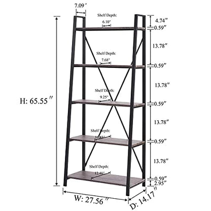 5-Tier Ladder Shelf, Industrial Leaning Bookcase, Wood and Metal Ladder Bookshelf for Living Room, Bedroom, Kitchen, Home Office (Grey Oak) - color: Grey Oak, size: 5-Tier